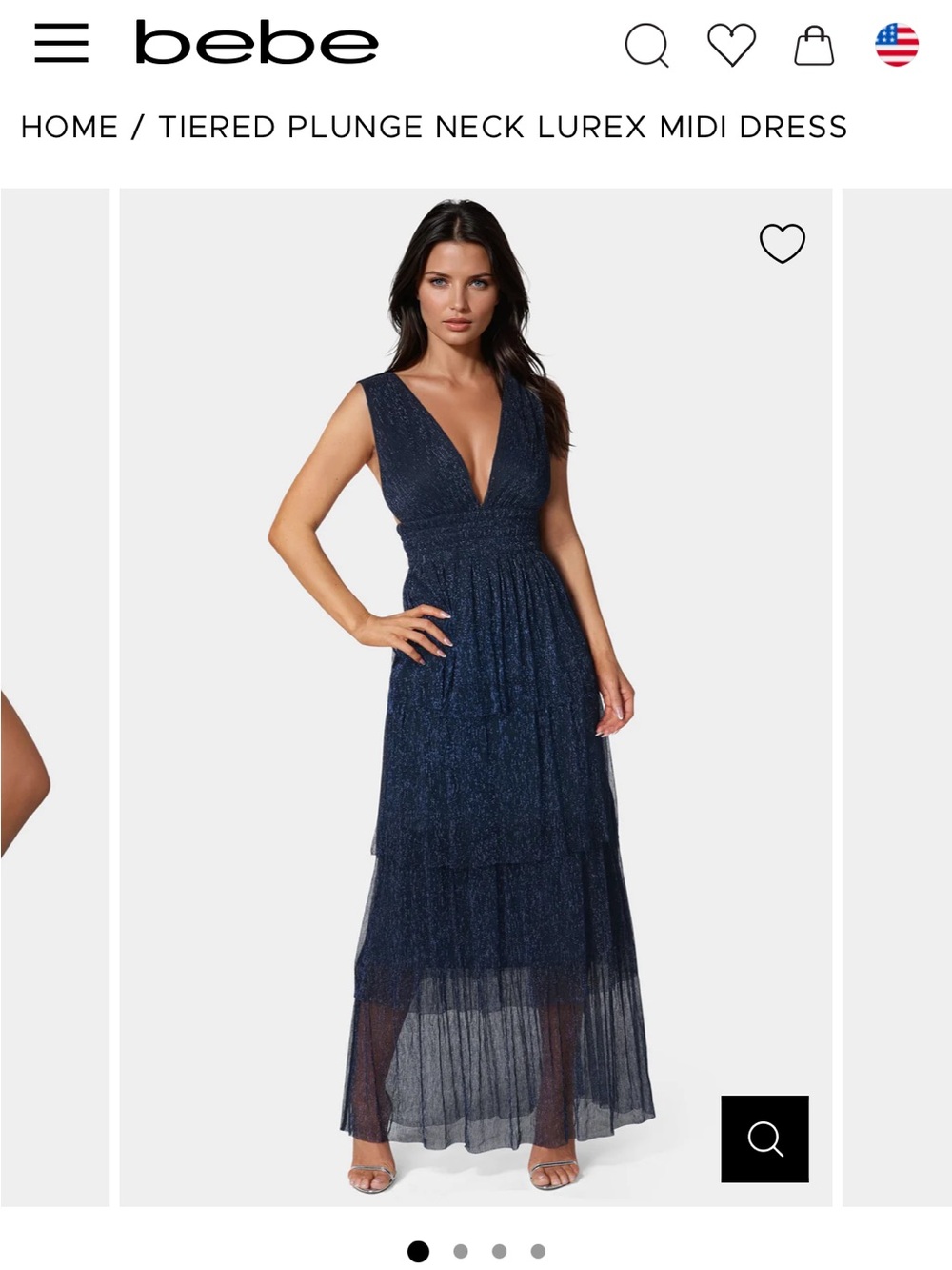 bebe Plunge Neck Tiered Lurex Midi Dress